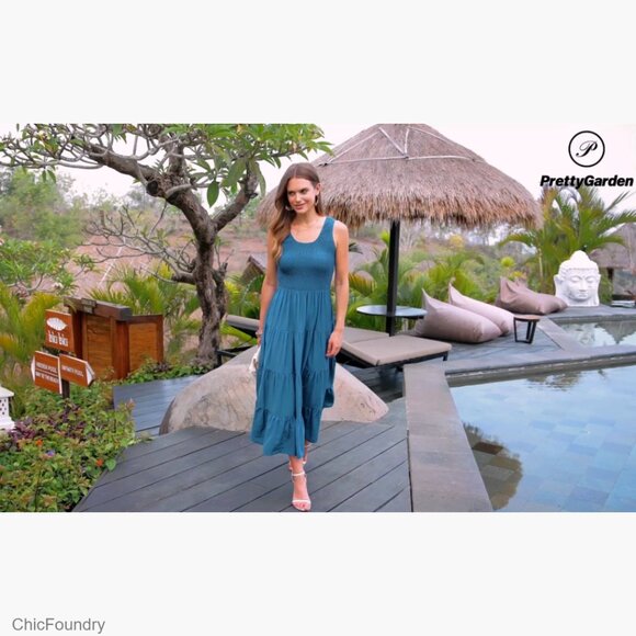 Women's Smocked Tank Maxi Dress Tiered Casual Sleeveless Spring Beach - Picture 7 of 7